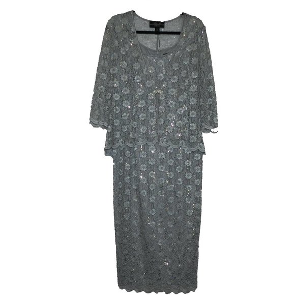 2 Piece Silver Lace and Sequin Sleeveless Maxi Dress with Jacket Size 10 - Picture 2 of 8